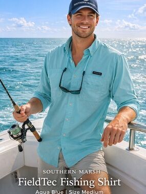 Southern Marsh FieldTec Fishing Shirt Aqua Blue Medium Performance Button Down